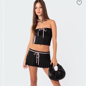 Edikted Black Pleated Mini Skirt Set with Pink Trim